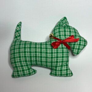 Green Plaid Fabric Stuffed Scottie Dog Holiday Christmas Decor